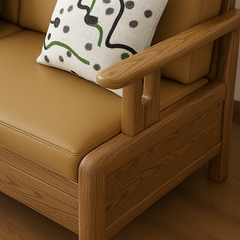 Traditional Eco Leather Cushions Sofa - Ash Wood Accent Chair With Backrest For Living Room