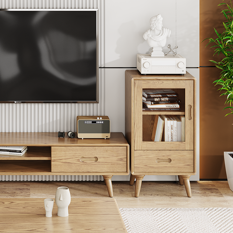 Premium Solid Ash Wood Side Cabinet - Sleek Rectangular Storage & Invisible Slide Drawer Storage Cabinet 2-Layer Cabinet For Living Room