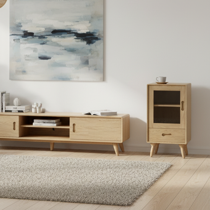 Premium Solid Ash Wood Side Cabinet - Sleek Rectangular Storage &amp; Invisible Slide Drawer Storage Cabinet 2-Layer Cabinet For Living Room