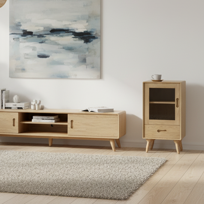 Premium Solid Ash Wood Side Cabinet - Sleek Rectangular Storage & Invisible Slide Drawer Storage Cabinet 2-Layer Cabinet For Living Room