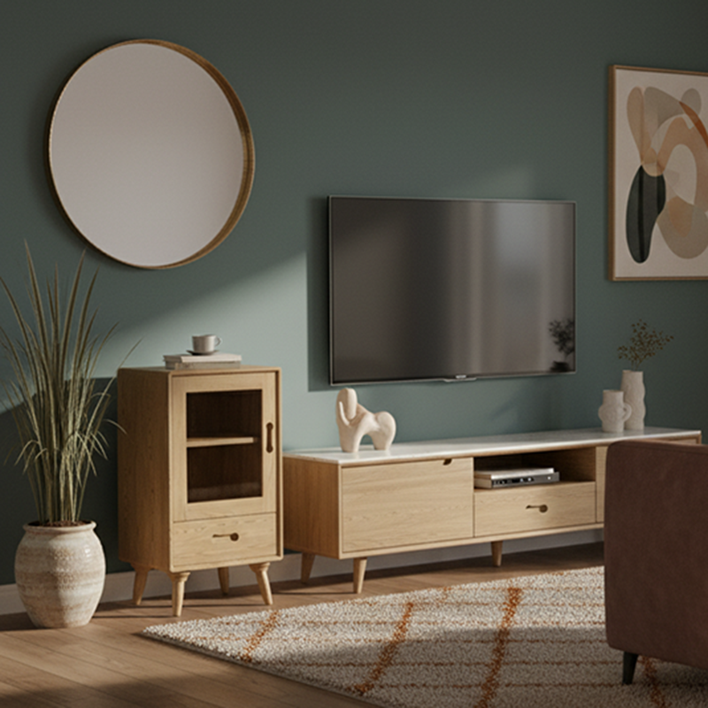 Premium Solid Ash Wood Side Cabinet - Sleek Rectangular Storage & Invisible Slide Drawer Storage Cabinet 2-Layer Cabinet For Living Room