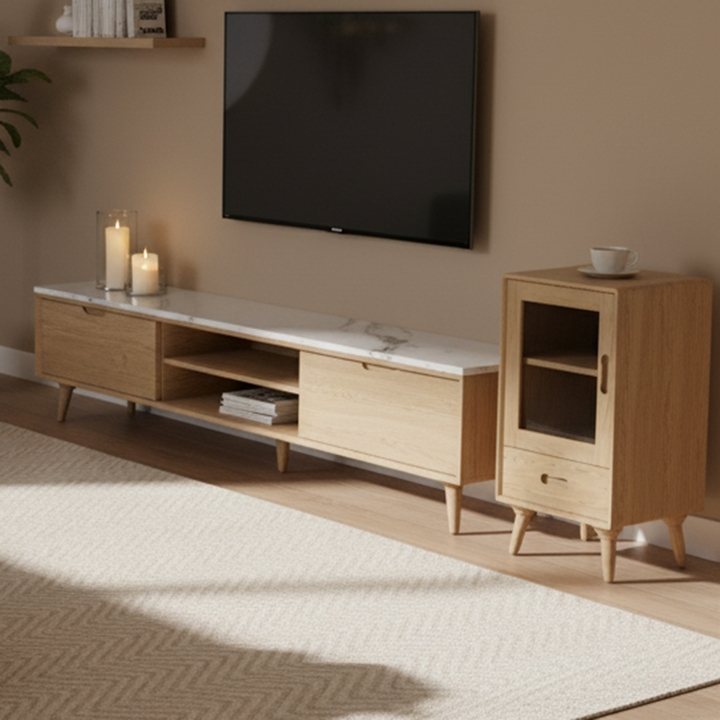 Premium Solid Ash Wood Side Cabinet - Sleek Rectangular Storage & Invisible Slide Drawer Storage Cabinet 2-Layer Cabinet For Living Room