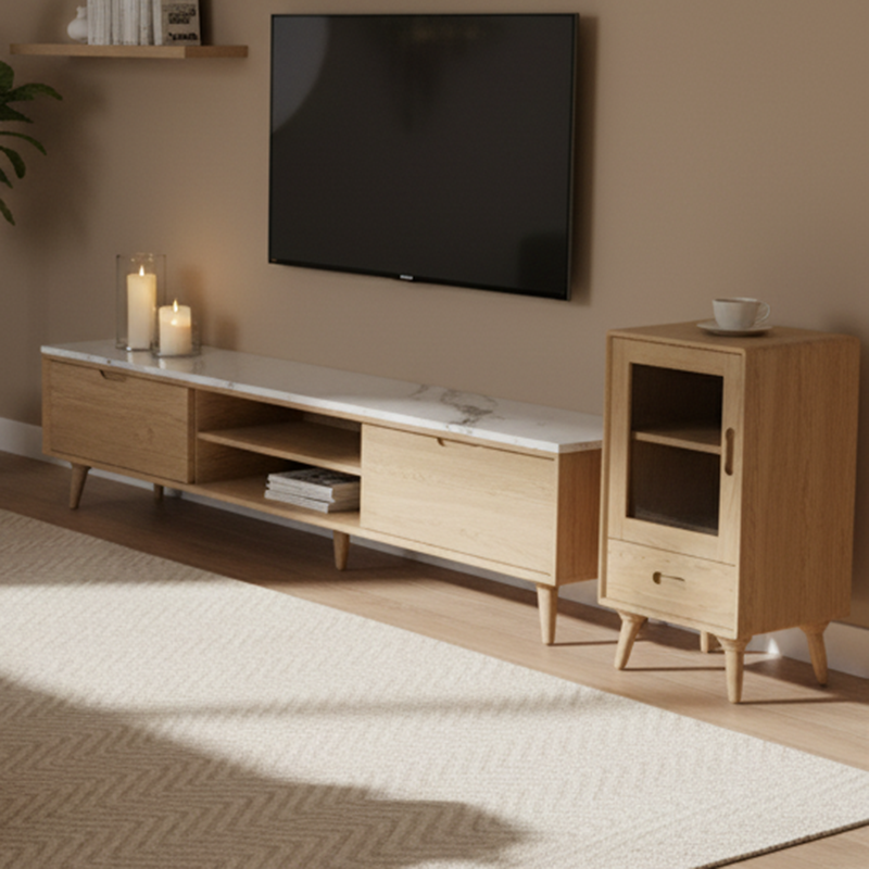 Premium Solid Ash Wood Side Cabinet - Sleek Rectangular Storage & Invisible Slide Drawer Storage Cabinet 2-Layer Cabinet For Living Room