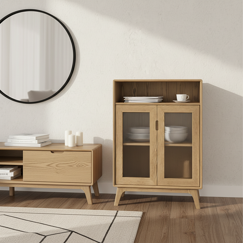 Armoire latérale de style rustique et à rangement multicouche - Meuble de rangement premium en bois de frêne, armoire à 3 niveaux pour salon 