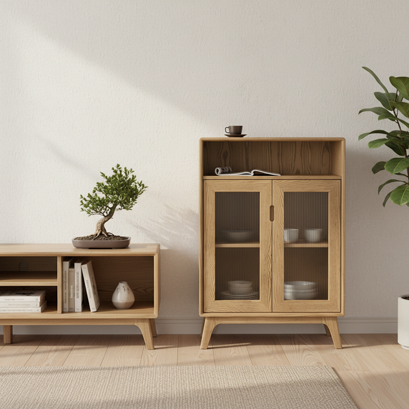 Armoire latérale de style rustique et à rangement multicouche - Meuble de rangement premium en bois de frêne, armoire à 3 niveaux pour salon 