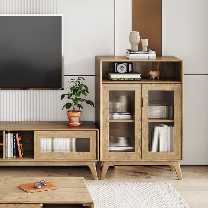 Armoire latérale de style rustique et à rangement multicouche - Meuble de rangement premium en bois de frêne, armoire à 3 niveaux pour salon 