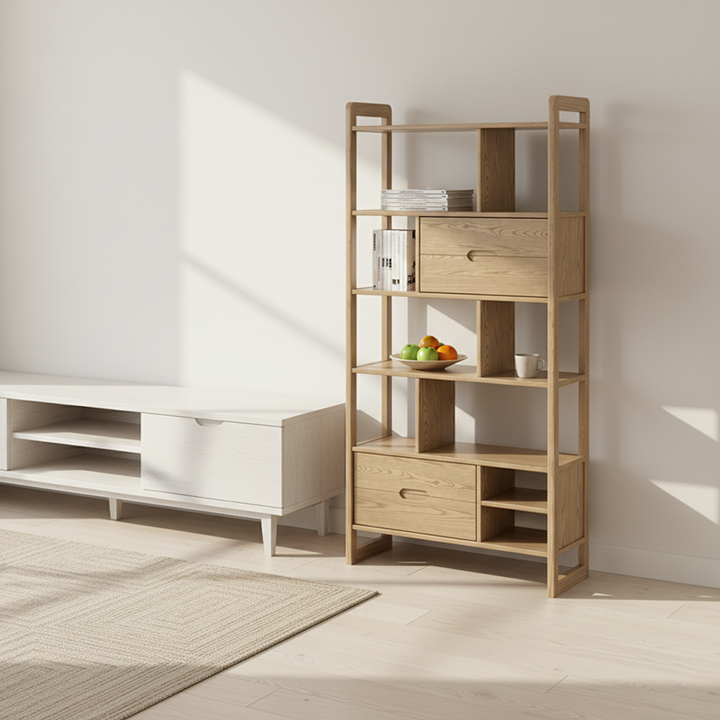 Rustikales Regal aus massivem Eschenholz - Mehrfachfach-Organizer-Aufbewahrungsregal für Wohnzimmer und Arbeitszimmer 