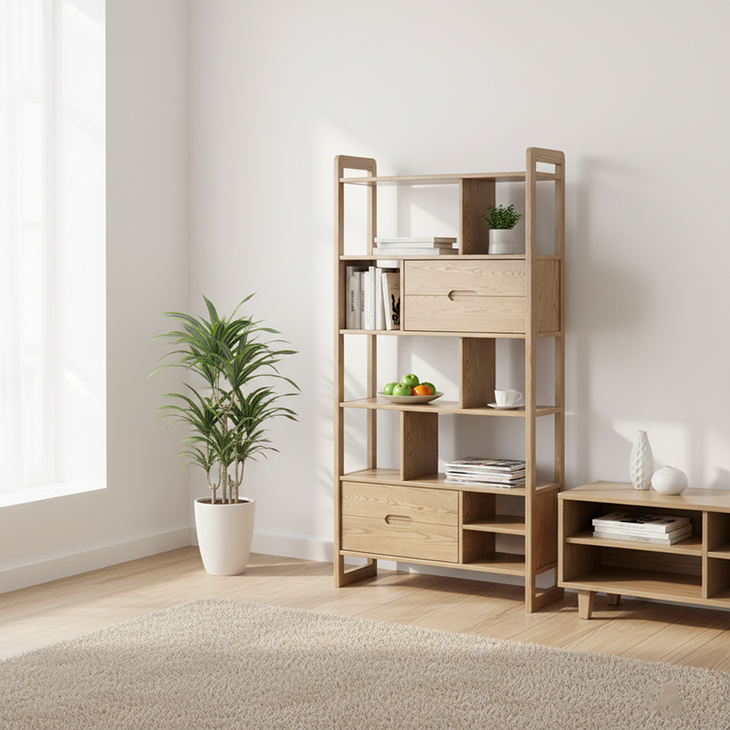 Rustikales Regal aus massivem Eschenholz - Mehrfachfach-Organizer-Aufbewahrungsregal für Wohnzimmer und Arbeitszimmer 
