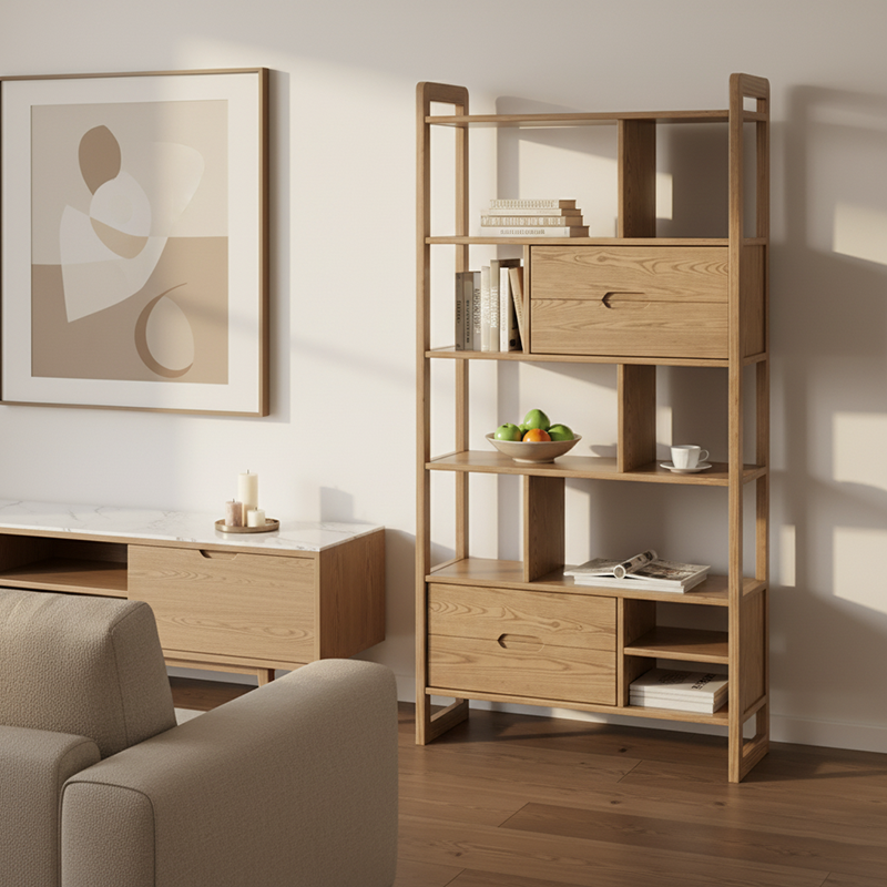 Rustikales Regal aus massivem Eschenholz - Mehrfachfach-Organizer-Aufbewahrungsregal für Wohnzimmer und Arbeitszimmer 