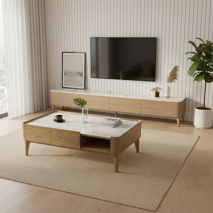 Classic French-Style Ash Wood Coffee Table - Stable Structure 4-Legs Table For Living Room
