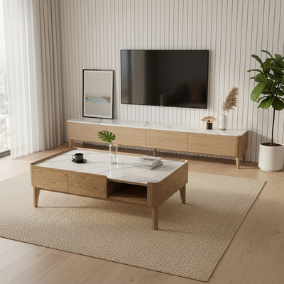 Classic French-Style Ash Wood Coffee Table - Stable Structure 4-Legs Table For Living Room