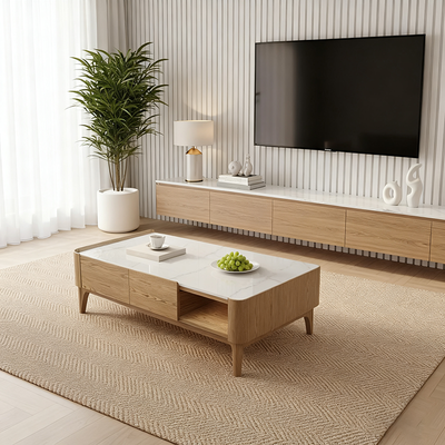 Classic French-Style Ash Wood Coffee Table - Stable Structure 4-Legs Table For Living Room