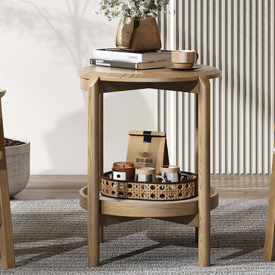 Scandinavian Round Coffee Table - Eco-Friendly Ash Wood & Rock Slab Side Table 2-Tier For Living Room