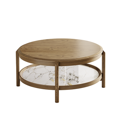 Scandinavian Round Coffee Table - Eco-Friendly Ash Wood & Rock Slab Side Table 2-Tier For Living Room