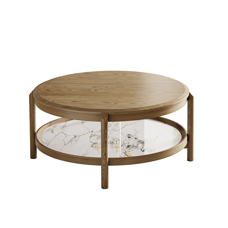 Scandinavian Round Coffee Table - Eco-Friendly Ash Wood & Rock Slab Side Table 2-Tier For Living Room
