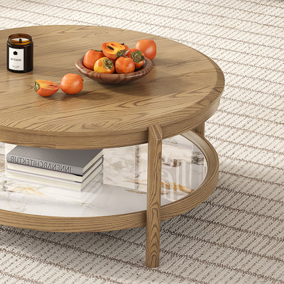 Scandinavian Round Coffee Table - Eco-Friendly Ash Wood & Rock Slab Side Table 2-Tier For Living Room