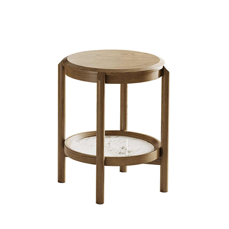 Scandinavian Round Coffee Table - Eco-Friendly Ash Wood & Rock Slab Side Table 2-Tier For Living Room