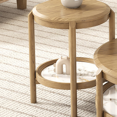 Scandinavian Round Coffee Table - Eco-Friendly Ash Wood & Rock Slab Side Table 2-Tier For Living Room
