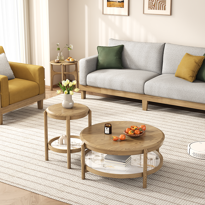 Scandinavian Round Coffee Table - Eco-Friendly Ash Wood & Rock Slab Side Table 2-Tier For Living Room