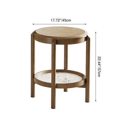 Scandinavian Round Coffee Table - Eco-Friendly Ash Wood & Rock Slab Side Table 2-Tier For Living Room