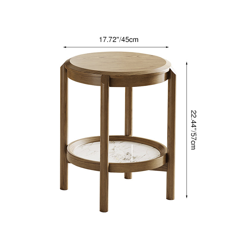 Scandinavian Round Coffee Table - Eco-Friendly Ash Wood & Rock Slab Side Table 2-Tier For Living Room