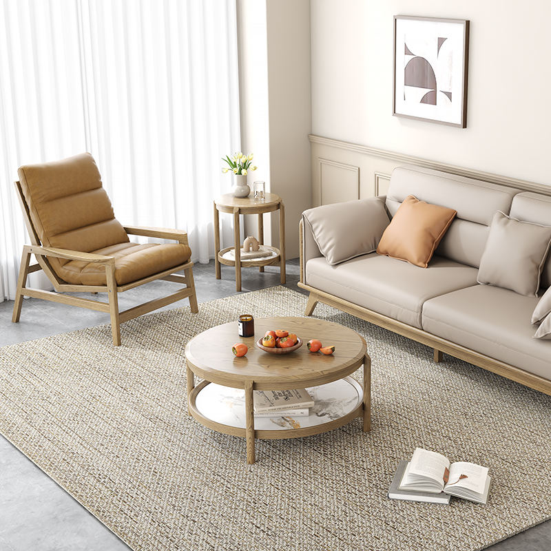 Scandinavian Round Coffee Table - Eco-Friendly Ash Wood & Rock Slab Side Table 2-Tier For Living Room