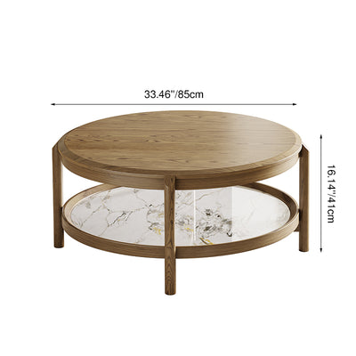 Scandinavian Round Coffee Table - Eco-Friendly Ash Wood & Rock Slab Side Table 2-Tier For Living Room