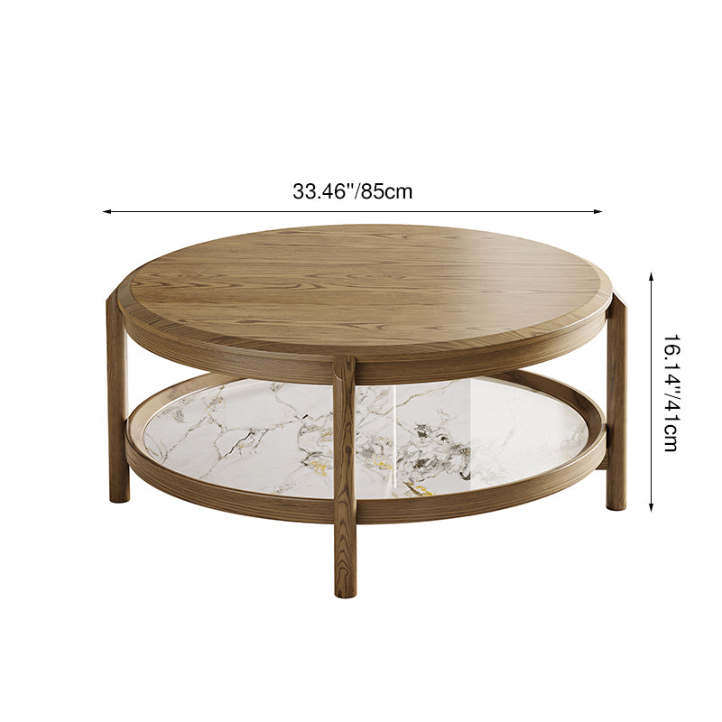 Scandinavian Round Coffee Table - Eco-Friendly Ash Wood & Rock Slab Side Table 2-Tier For Living Room