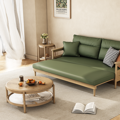 Scandinavian Round Coffee Table - Eco-Friendly Ash Wood & Rock Slab Side Table 2-Tier For Living Room