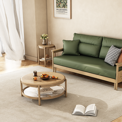 Scandinavian Round Coffee Table - Eco-Friendly Ash Wood & Rock Slab Side Table 2-Tier For Living Room