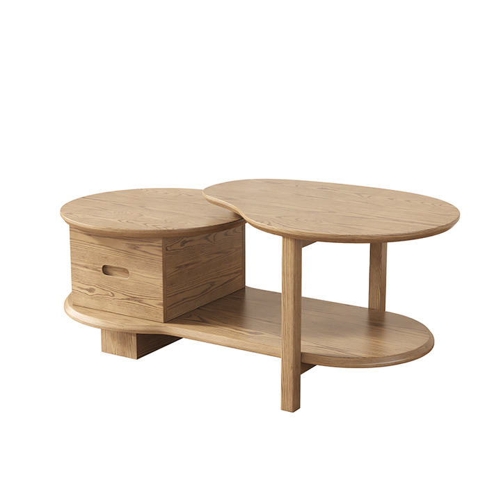 Mesa de Café Creativa de Madera de Fresno Premium - Capas Escalonadas y Cajón Deslizante Invisible de 3 Niveles para Sala de Estar 