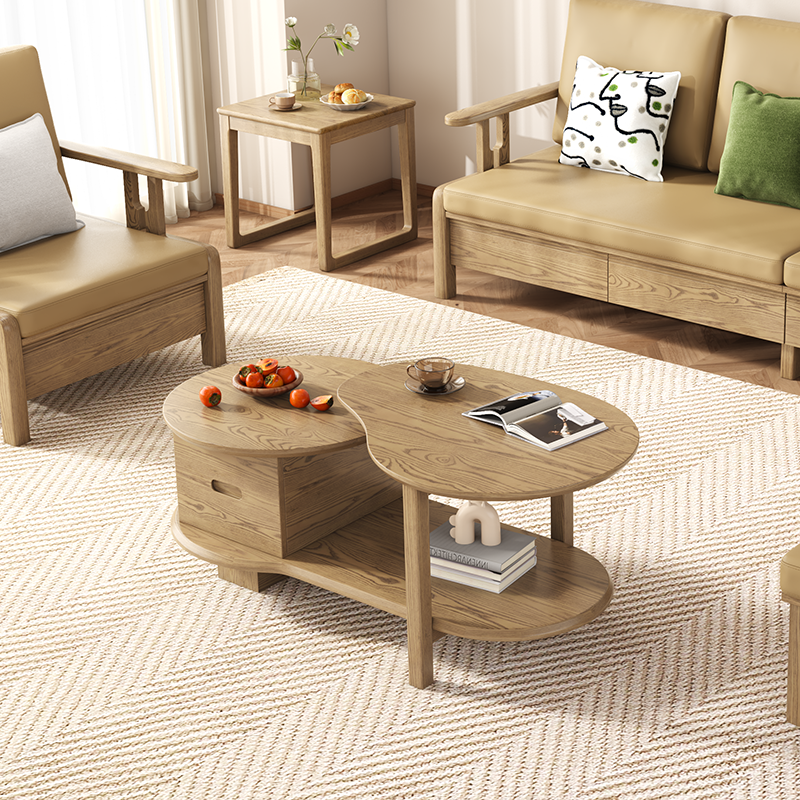 Mesa de Café Creativa de Madera de Fresno Premium - Capas Escalonadas y Cajón Deslizante Invisible de 3 Niveles para Sala de Estar 