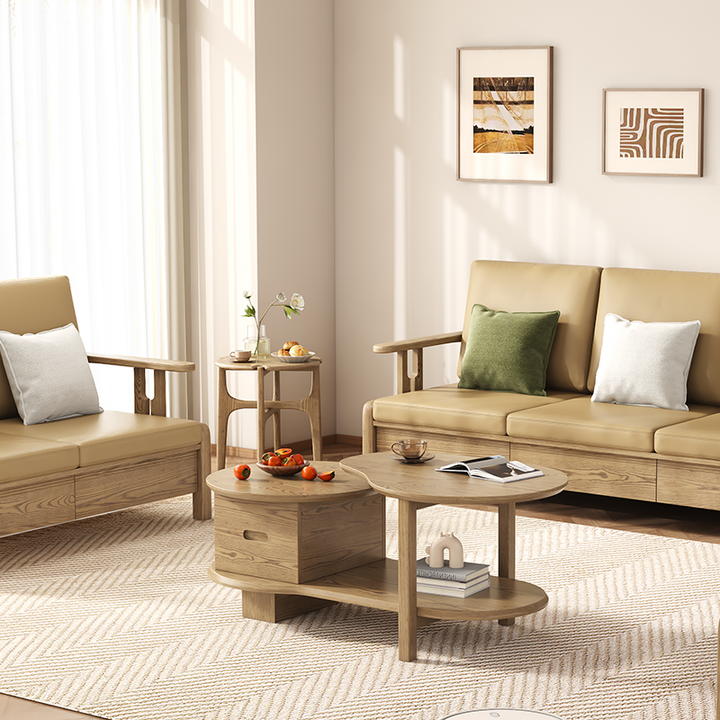 Mesa de Café Creativa de Madera de Fresno Premium - Capas Escalonadas y Cajón Deslizante Invisible de 3 Niveles para Sala de Estar 