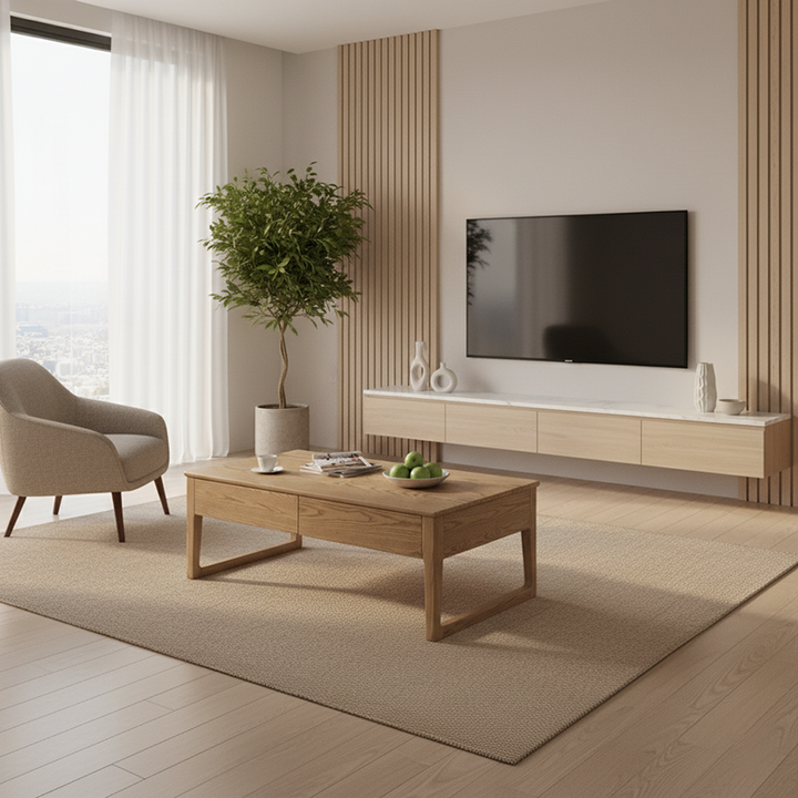 Umweltfreundlicher Couchtisch aus Eschenholz - Rechteckig, glatte unsichtbare Schublade, 1-stufig für das Wohnzimmer 