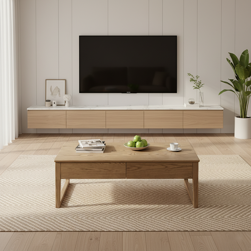 Eco-Friendly Ash Wood Coffee Table - Rectangular Smooth Invisible Slide Drawer 1-Tier For Living Room