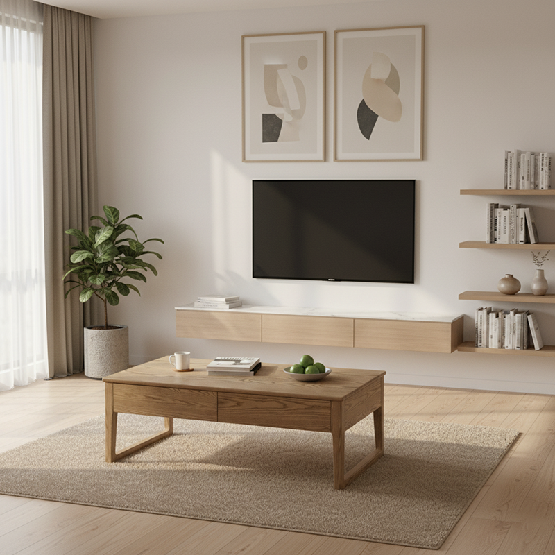 Eco-Friendly Ash Wood Coffee Table - Rectangular Smooth Invisible Slide Drawer 1-Tier For Living Room