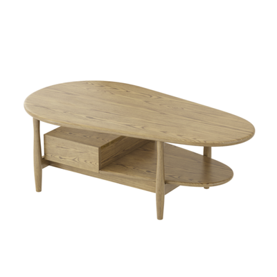 Eco-Friendly Craftsmanship Table - Irregular Oval Design & Premium Ash Wood Coffee Table 1-Drawer For Living Room