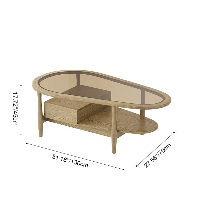 Eco-Friendly Craftsmanship Table - Irregular Oval Design & Premium Ash Wood Coffee Table 1-Drawer For Living Room