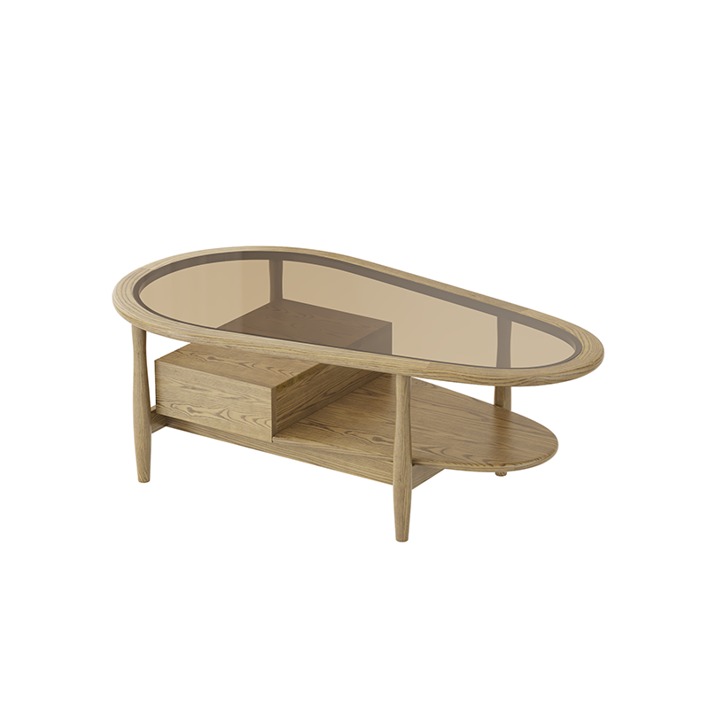 Eco-Friendly Craftsmanship Table - Irregular Oval Design & Premium Ash Wood Coffee Table 1-Drawer For Living Room
