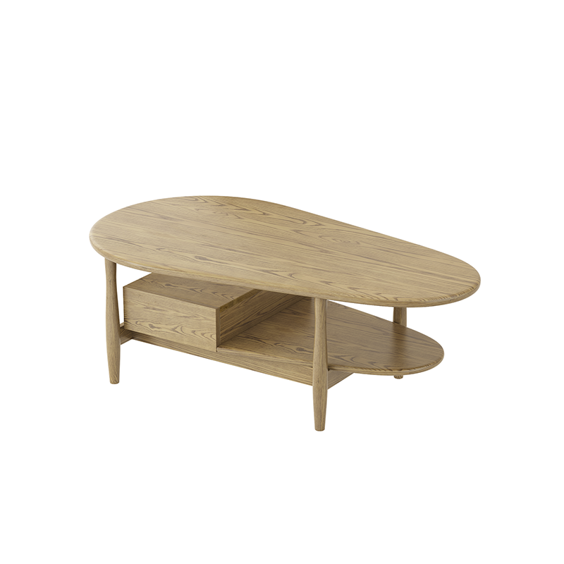 Eco-Friendly Craftsmanship Table - Irregular Oval Design & Premium Ash Wood Coffee Table 1-Drawer For Living Room