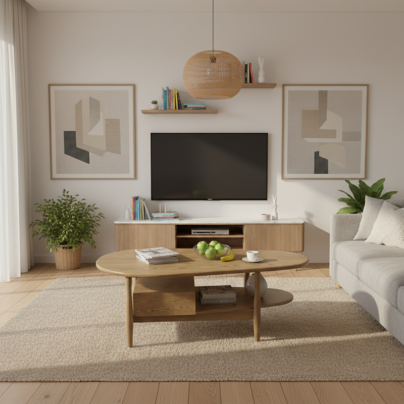 Eco-Friendly Craftsmanship Table - Irregular Oval Design & Premium Ash Wood Coffee Table 1-Drawer For Living Room