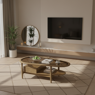 Eco-Friendly Craftsmanship Table - Irregular Oval Design & Premium Ash Wood Coffee Table 1-Drawer For Living Room