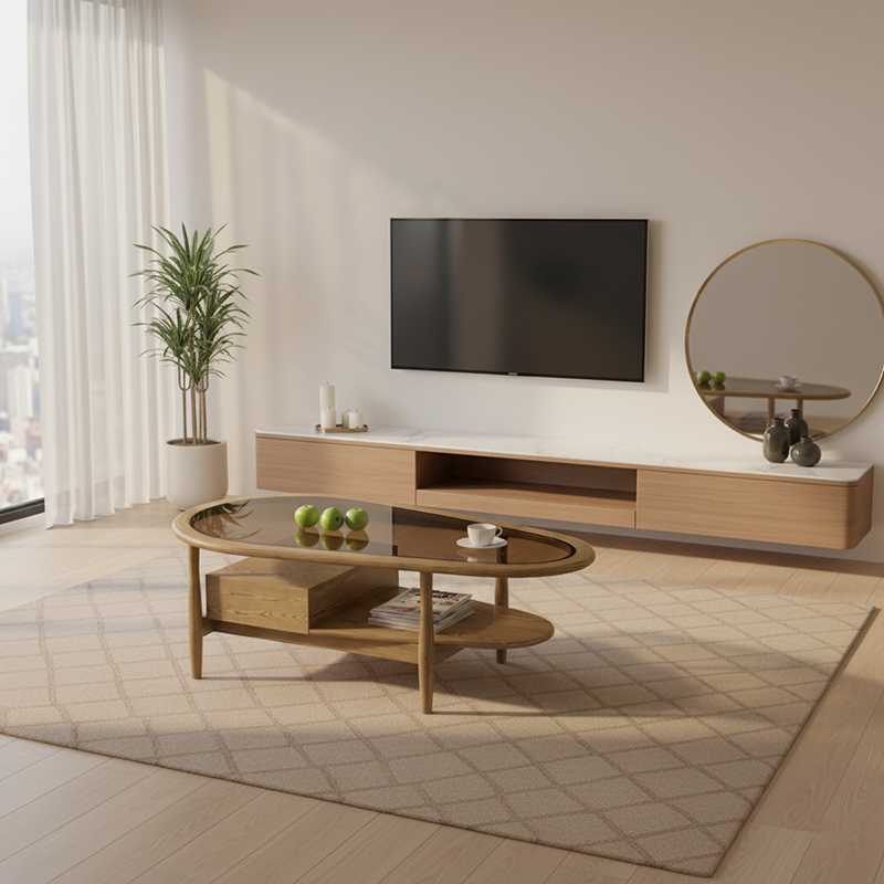 Eco-Friendly Craftsmanship Table - Irregular Oval Design & Premium Ash Wood Coffee Table 1-Drawer For Living Room