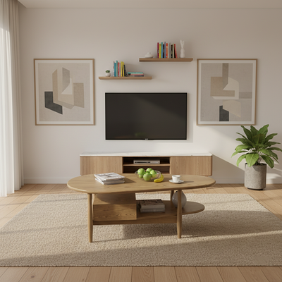 Eco-Friendly Craftsmanship Table - Irregular Oval Design & Premium Ash Wood Coffee Table 1-Drawer For Living Room