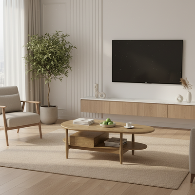 Eco-Friendly Craftsmanship Table - Irregular Oval Design & Premium Ash Wood Coffee Table 1-Drawer For Living Room