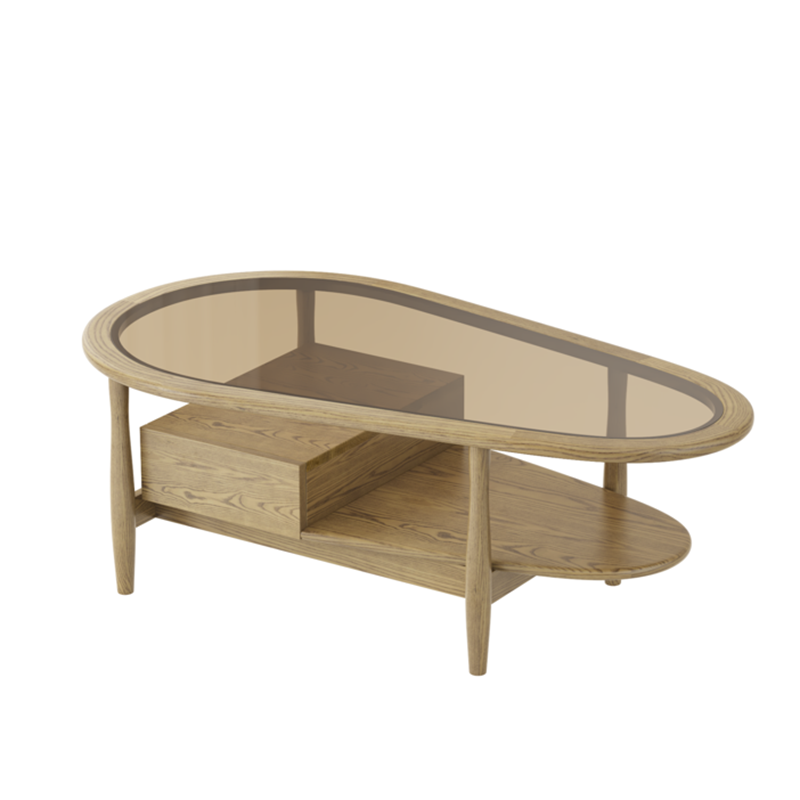 Eco-Friendly Craftsmanship Table - Irregular Oval Design & Premium Ash Wood Coffee Table 1-Drawer For Living Room