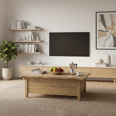 Healthy Home North American Ash Wood Coffee Table - Formaldehyde-Free & Smooth Drawers Table 4-Legs For Living Room