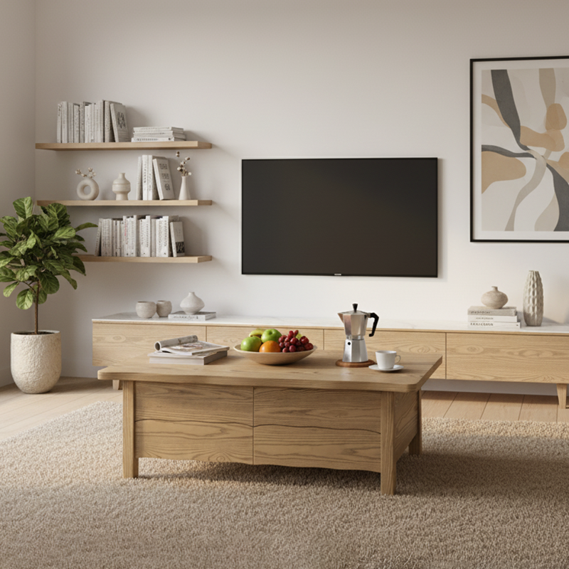 Healthy Home North American Ash Wood Coffee Table - Formaldehyde-Free & Smooth Drawers Table 4-Legs For Living Room