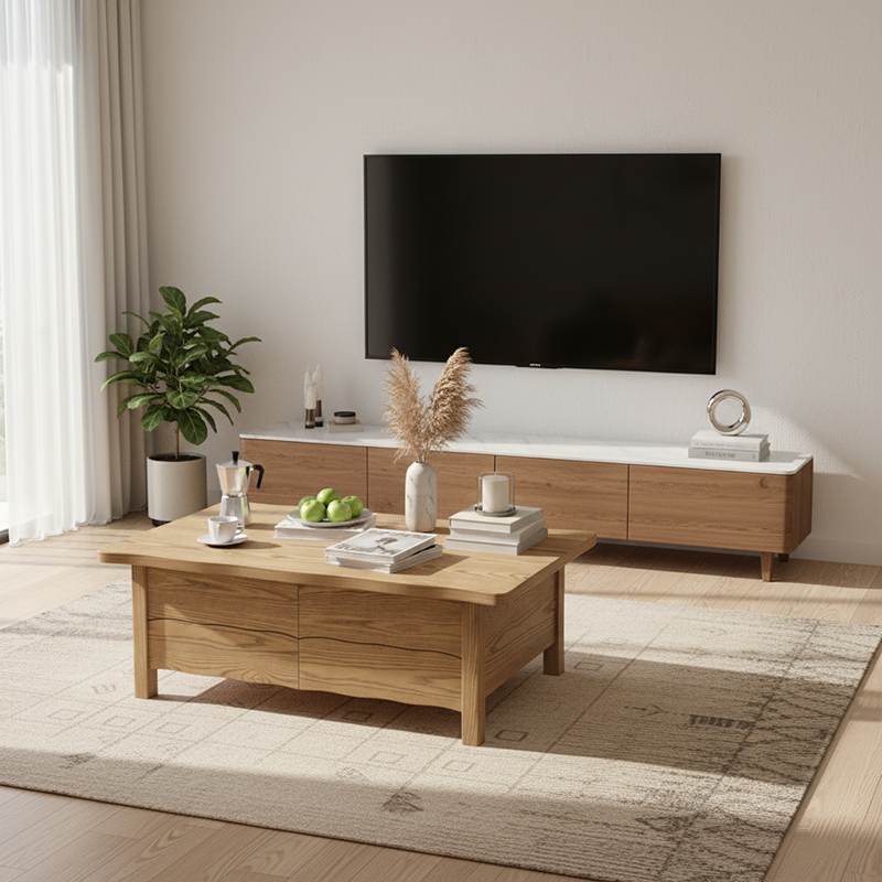 Healthy Home North American Ash Wood Coffee Table - Formaldehyde-Free & Smooth Drawers Table 4-Legs For Living Room
