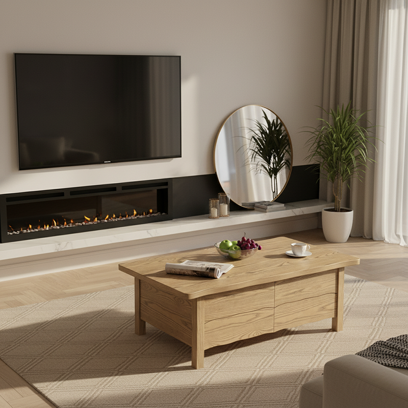 Healthy Home North American Ash Wood Coffee Table - Formaldehyde-Free & Smooth Drawers Table 4-Legs For Living Room